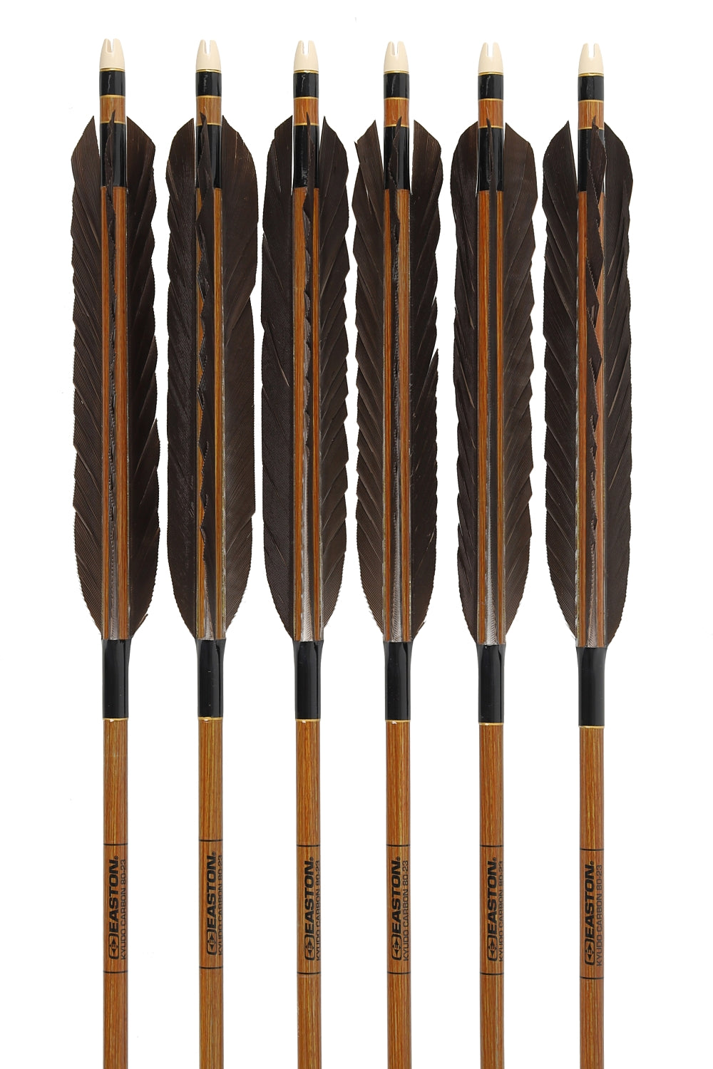 【D-1786】Black tail feather / Black tail feather(Dye fast:Mifuyofu / Bekko / Hiryu) ( 6 types ) Easton Carbon - Set of 6 (Shaft Size 80-23) 黒手羽・黒手羽染抜 三符四符・ベッコウ・飛龍 イーストンカーボン 80-23 6本組