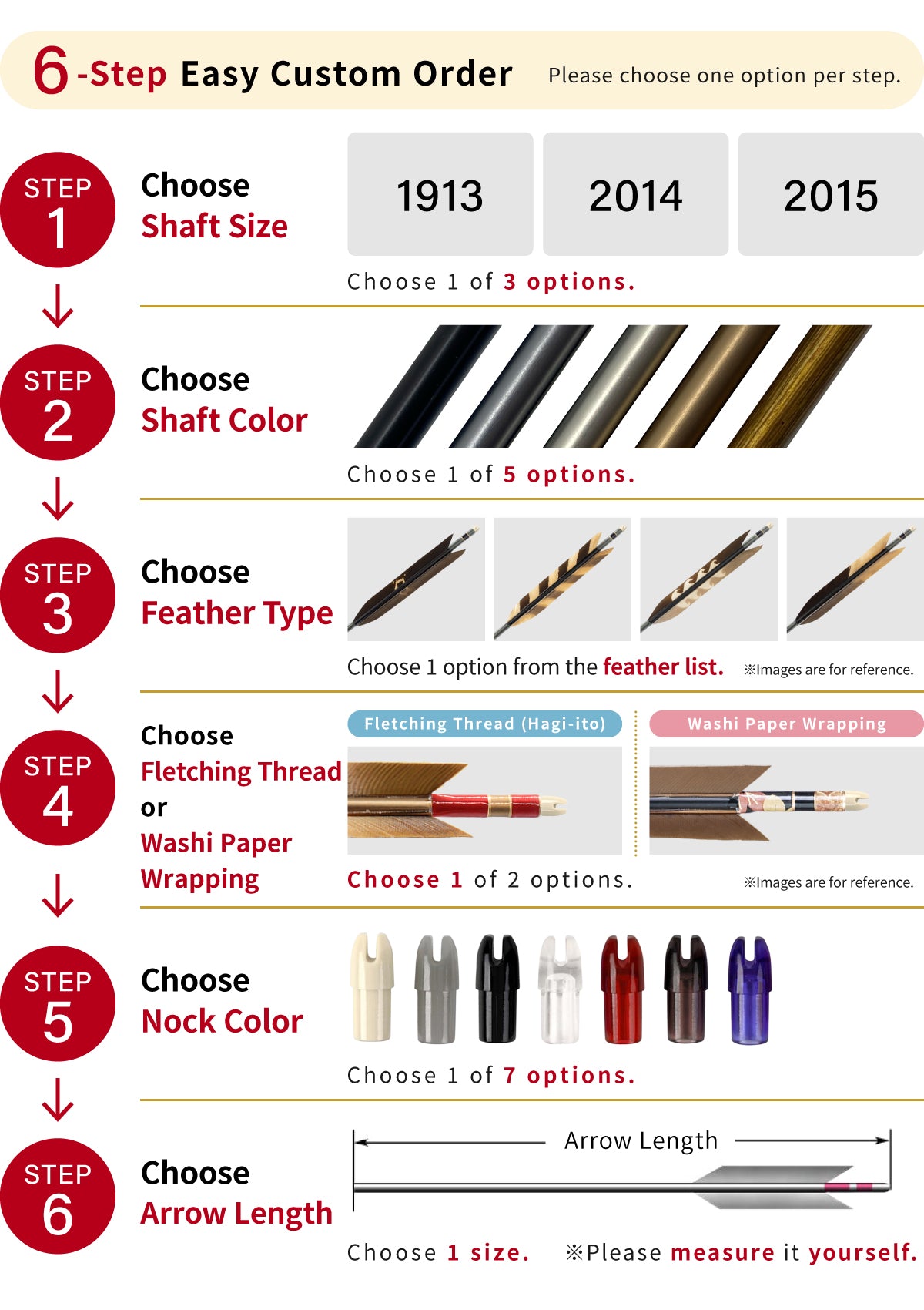 【O-214】Custom-made arrows : 1913 / 2014 / 2015 / Black Tip Feathers (dyed pattern) -30 Designs - Set of 6 / Shaft Color (5 colors), Washi Papre Wrapping, Fletching Thread (Hagi-ito), Nock (7 colors) - フルオーダー製作矢 1913 / 2014 / 2015 黒手羽 染抜き(30種) 6本組
