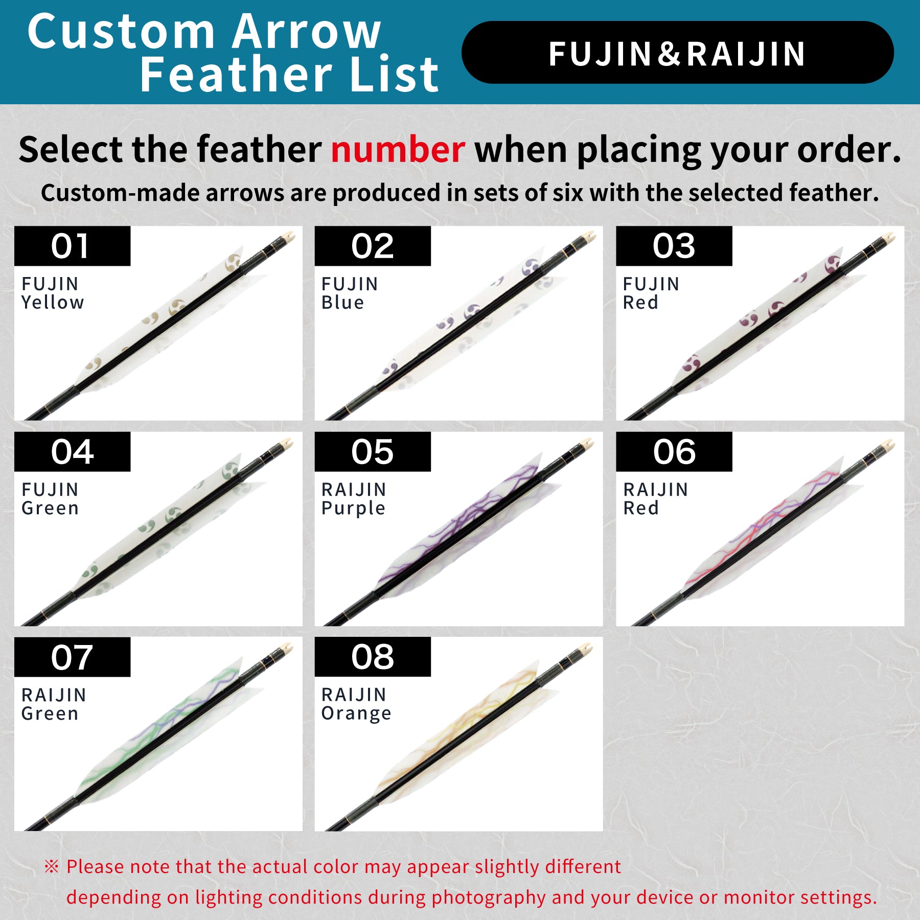 【O-279】Custom-made arrows:Mizuno WENEW Carbon / Turkey Feathers (Fujin&Raijin) -8 Designs - Set of 6 / Options: 65-15 / 75-18S / 75-18 / 80-20 / 80-23, Washi Papre Wrapping, Fletching Thread (Hagi-ito) - フルオーダー製作矢 Mizuno WENEW ターキー 風神・雷神(8種) 6本組