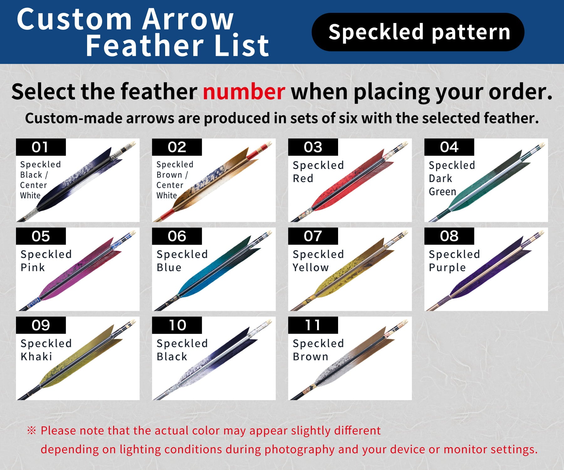 【O-242】Custom-made arrows : 1813 / 2115 / Speckled Turkey Feathers -11 Designs - Set of 6 / Choose Your Options: Washi Papre Wrapping, Fletching Thread (Hagi-ito) - フルオーダー製作矢 1813 / 2115 ターキー ゴマ符(11種) 6本組
