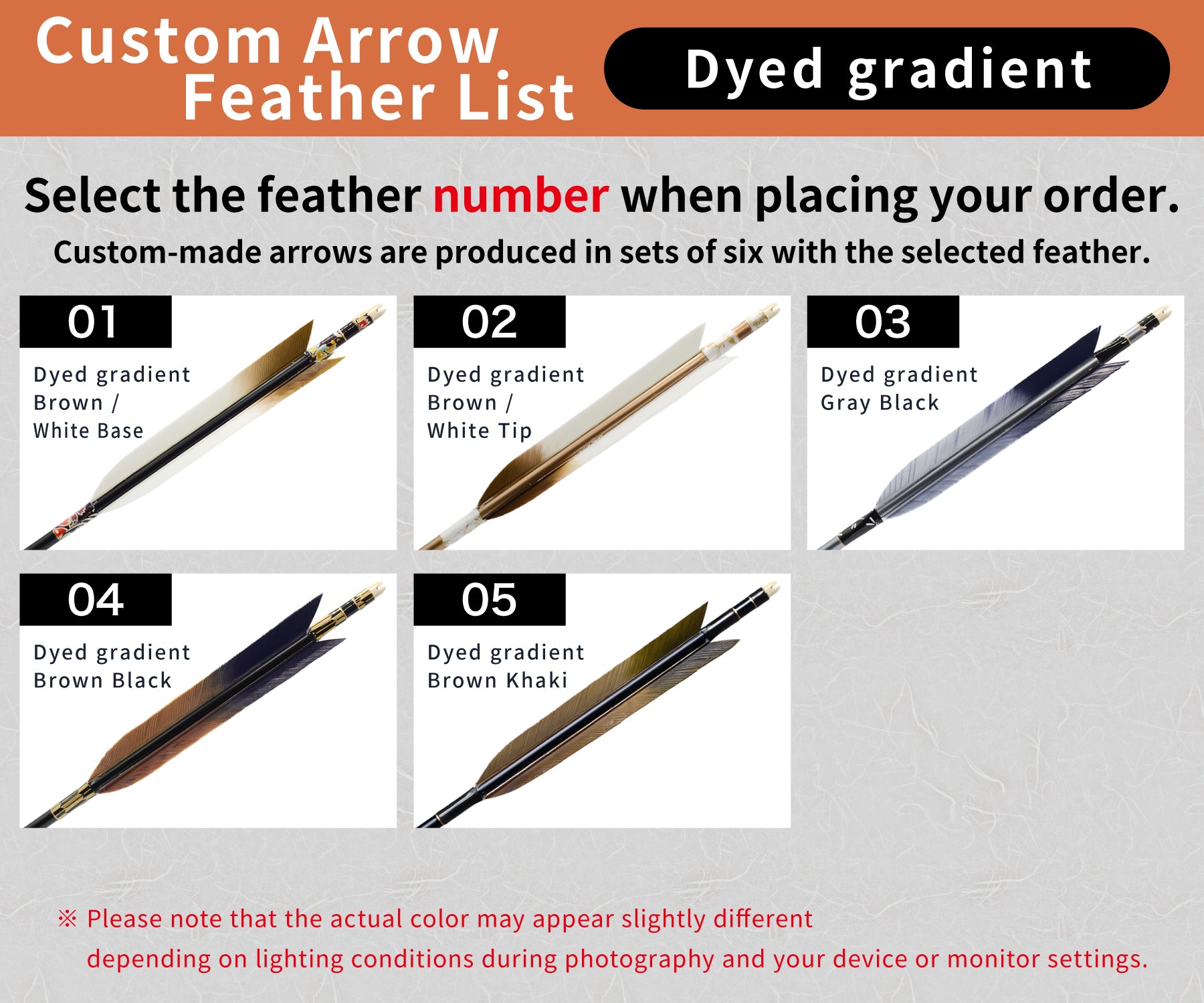 【O-291】Custom-made arrows:Mizuno WENEW BC Carbon / Gradient Dyed Turkey Feathers -5 Designs - Set of 6 / Options: 76BC / 78BC / 80BC / 84BC, Washi Papre Wrapping, Fletching Thread (Hagi-ito) - フルオーダー製作矢 Mizuno WENEW BC ターキー 染色グラデーション(5種) 6本組