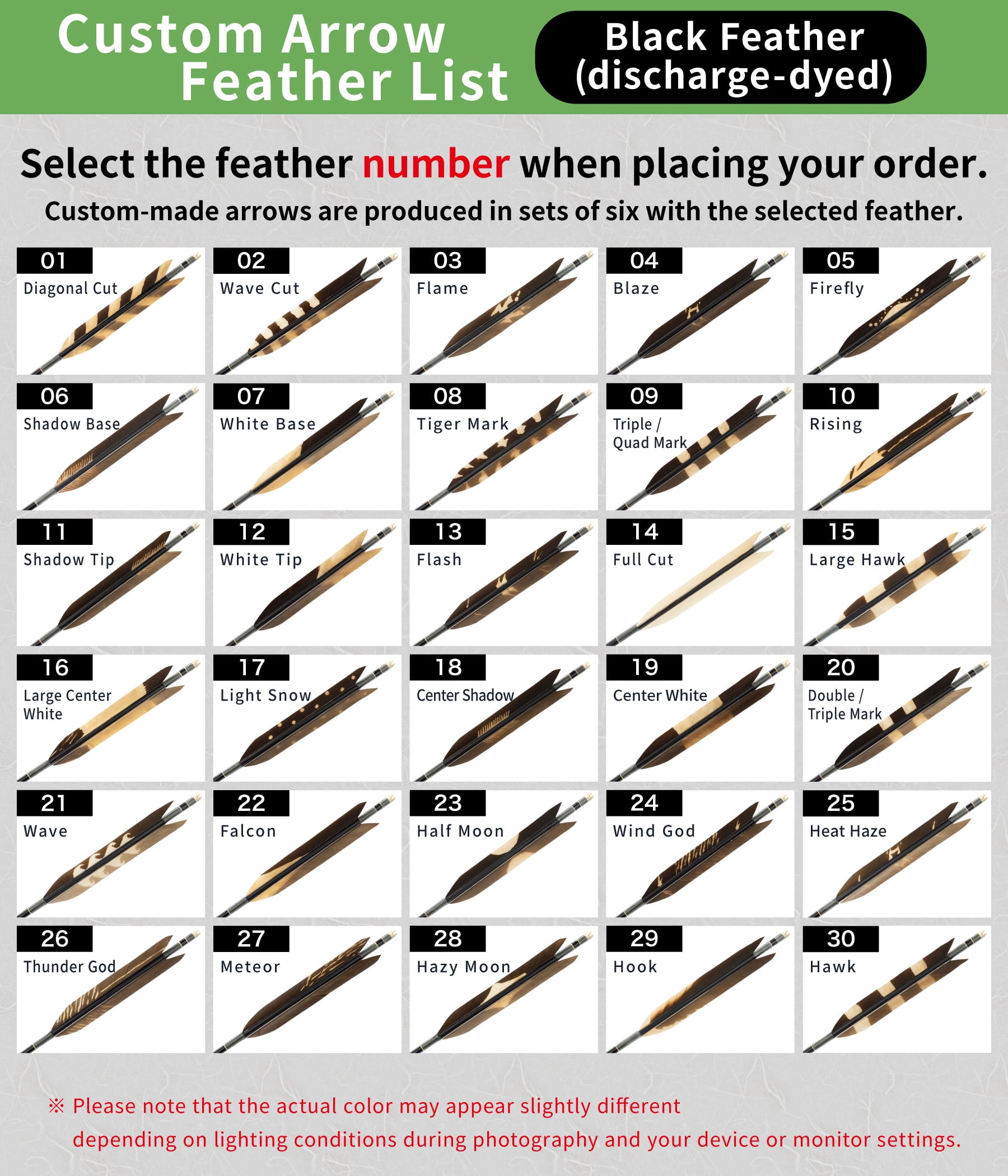 【O-214】Custom-made arrows : 1913 / 2014 / 2015 / Black Tip Feathers (dyed pattern) -30 Designs - Set of 6 / Shaft Color (5 colors), Washi Papre Wrapping, Fletching Thread (Hagi-ito), Nock (7 colors) - フルオーダー製作矢 1913 / 2014 / 2015 黒手羽 染抜き(30種) 6本組