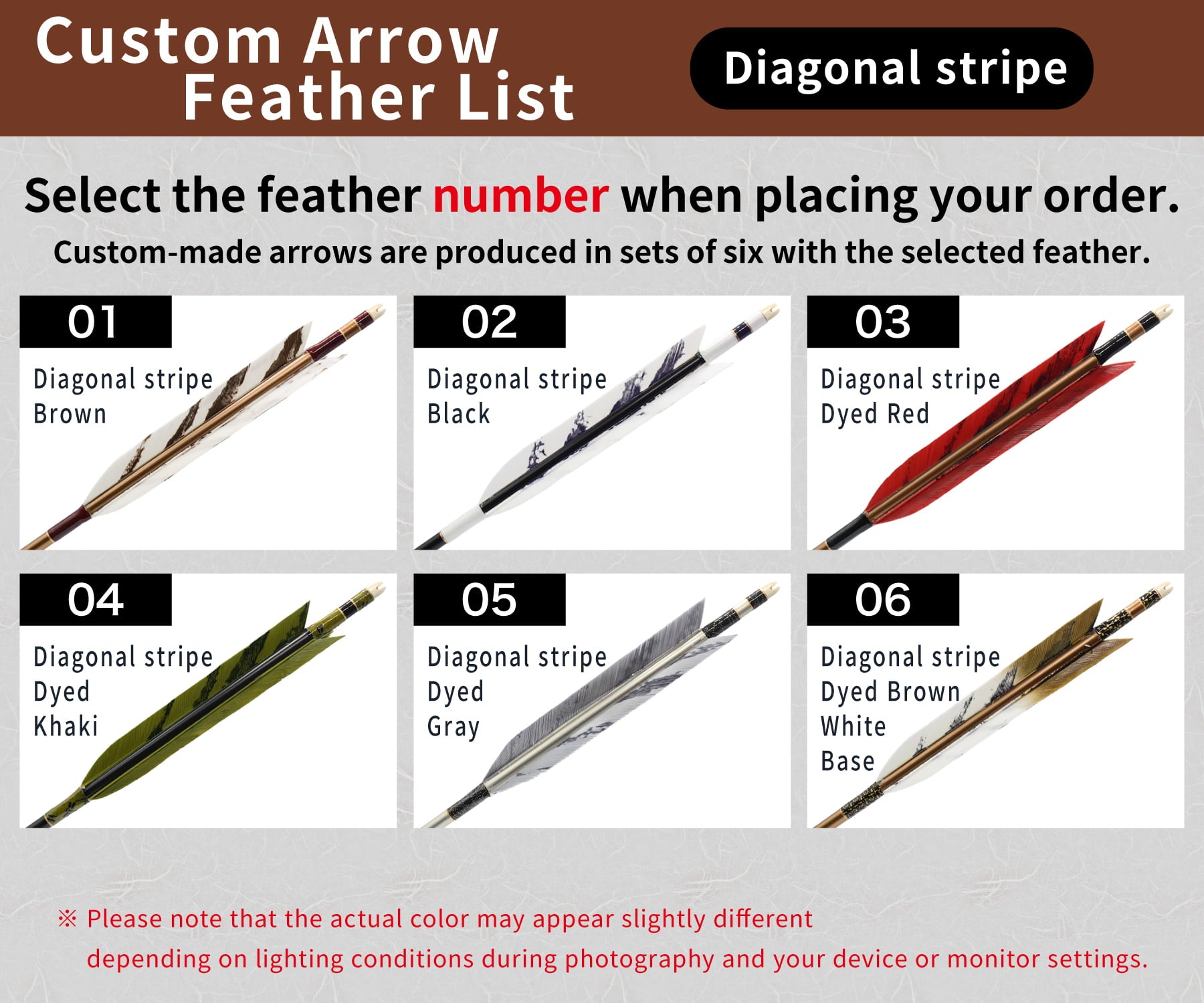 【O-312】Custom-made arrows : Hayabusa Carbon / Diagonal-striped Turkey Feathers -6 Designs - Set of 6 / Choose Your Options: Size- 7622 / 8025, Washi Papre Wrapping, Fletching Thread (Hagi-ito) - フルオーダー製作矢 ハヤブサカーボン ターキー 斜閃(6種) 6本組