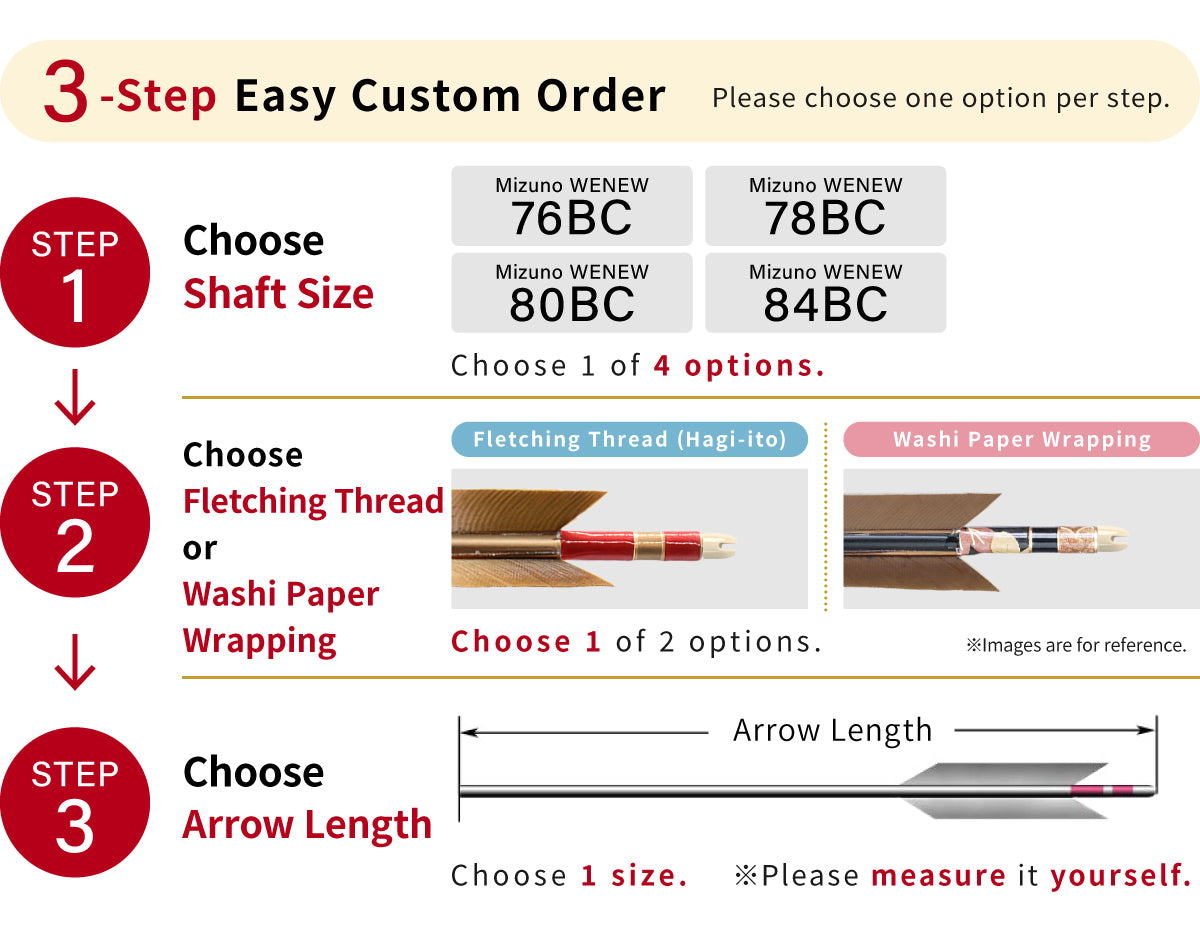 【O-280】Custom-made arrows : Mizuno WENEW BC / Black Tail Feathers - Set of 6 / Choose Your Options: Size-76BC / 78BC / 80BC / 84BC , Washi Papre Wrapping, Fletching Thread (Hagi-ito) - フルオーダー製作矢 Mizuno WENEW BC 黒尾羽 6本組 kyudo arrow