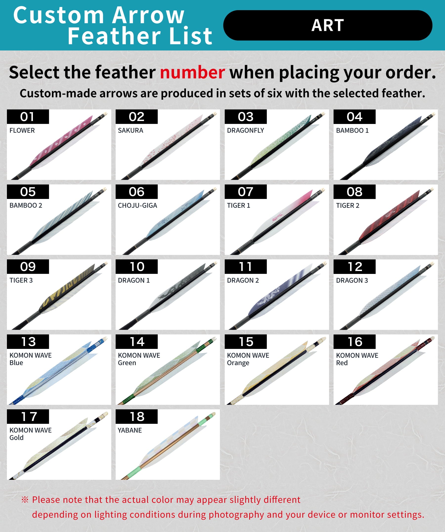【O-274】Custom-made arrows：Mizuno WENEW Carbon / Art Turkey Feathers -18 Designs - Set of 6 / Options: 65-15 / 75-18S / 75-18 / 80-20 / 80-23, Washi Papre Wrapping, Fletching Thread (Hagi-ito) -  フルオーダー製作矢 Mizuno WENEW ターキー アート(18種) ６本組