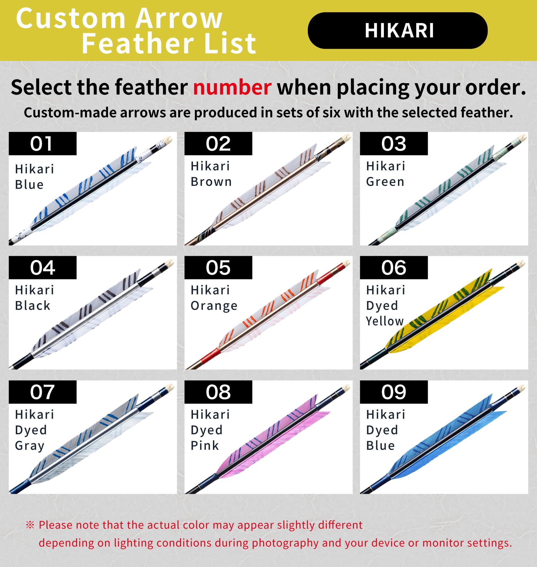【O-270】Custom-made arrows：Mizuno WENEW Carbon / Hikari Turkey Feathers -9 Designs - Set of 6 / Options: 65-15 / 75-18S / 75-18 / 80-20 / 80-23, Washi Papre Wrapping, Fletching Thread (Hagi-ito) -  フルオーダー製作矢 Mizuno WENEW ターキー ひかり(9種) ６本組
