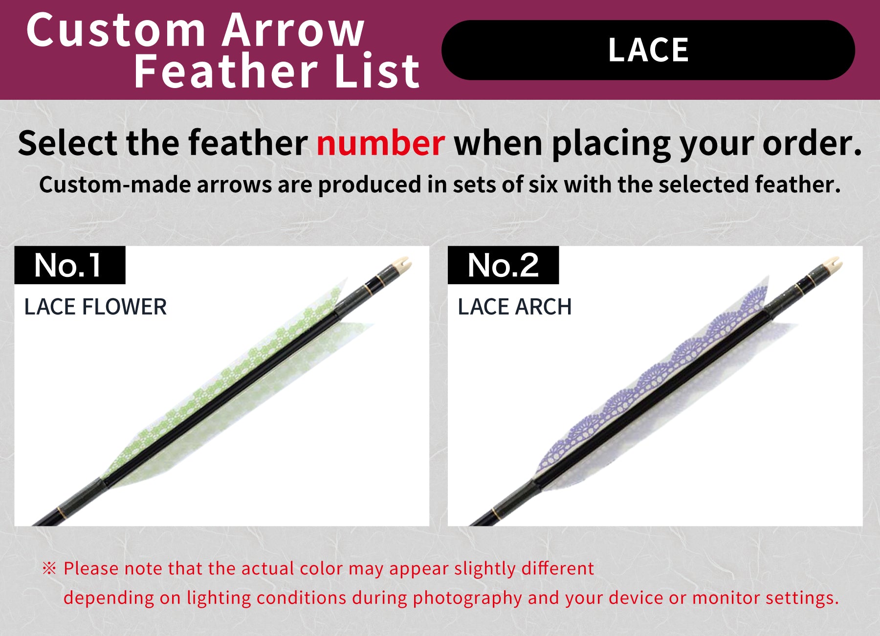 【O-253】Custom-made arrows ： 1813 / 2115 / Turkey LACE - 2 Designs - Set of 6 / Choose Your Options: Washi Papre Wrapping, Fletching Thread (Hagi-ito) -  フルオーダー製作矢 1813 / 2115 ターキーレース(2種) ６本組