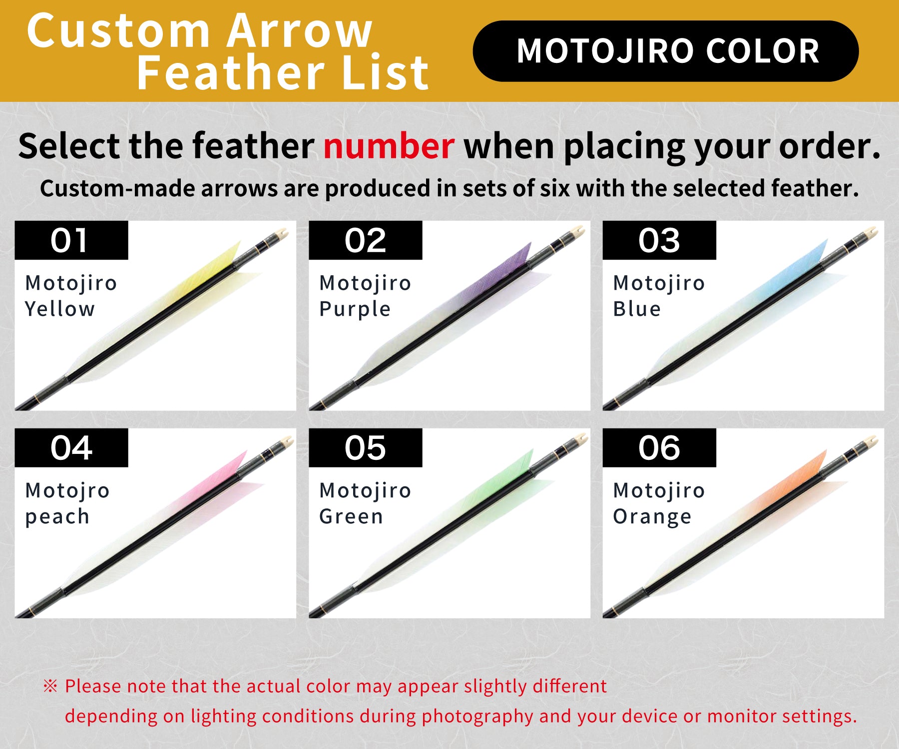 【O-226】Custom-made arrows ： 1913 / 2014 / 2015 / Motojiro (Pastel-Tipped) Turkey Feathers -6 Designs - Set of 6 / Shaft Color (5 colors), Washi Papre Wrapping, Fletching Thread (Hagi-ito), Nock (7 colors) -  フルオーダー製作矢 1913 / 2014 / 2015 ターキー 元白カラー(6種) ６本組