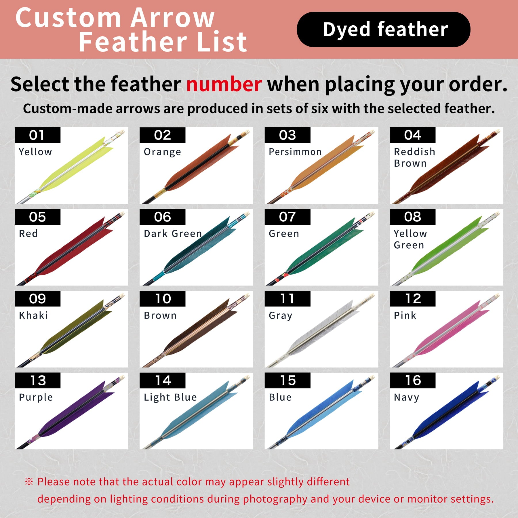 【O-267】Custom-made arrows：Mizuno WENEW Carbon / Colorful Dyed Turkey Feathers -16 Designs - Set of 6 / Options: 65-15 / 75-18S / 75-18 / 80-20 / 80-23, Washi Papre Wrapping, Fletching Thread (Hagi-ito) -  フルオーダー製作矢 Mizuno WENEW ターキー 染色羽根(16種) ６本組