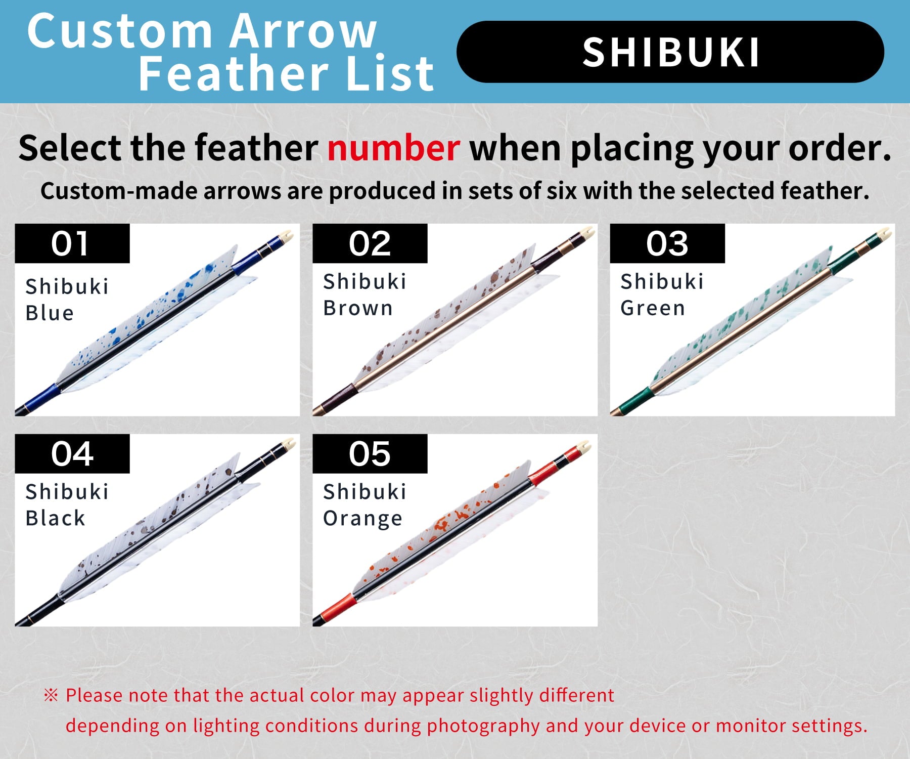 【O-292】Custom-made arrows：Mizuno WENEW BC Carbon / Shibuki (Splash Pattern) Turkey Feathers -5 Designs - Set of 6 / Options: 76BC / 78BC / 80BC / 84BC, Washi Papre Wrapping, Fletching Thread (Hagi-ito) -  フルオーダー製作矢 Mizuno WENEW BC ターキー しぶき(5種) ６本組