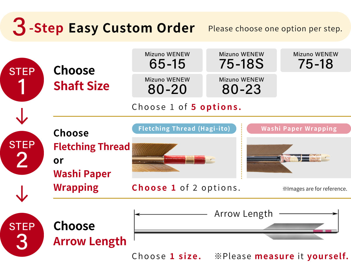 【O-257】Custom-made arrows ： Mizuno WENEW / Black Tail Feathers - Set of 6 / Choose Your Options: Size-65-15 / 75-18S / 75-18 / 80-20 / 80-23 , Washi Papre Wrapping, Fletching Thread (Hagi-ito) -  フルオーダー製作矢 Mizuno WENEW 黒尾羽 ６本組  kyudo arrow