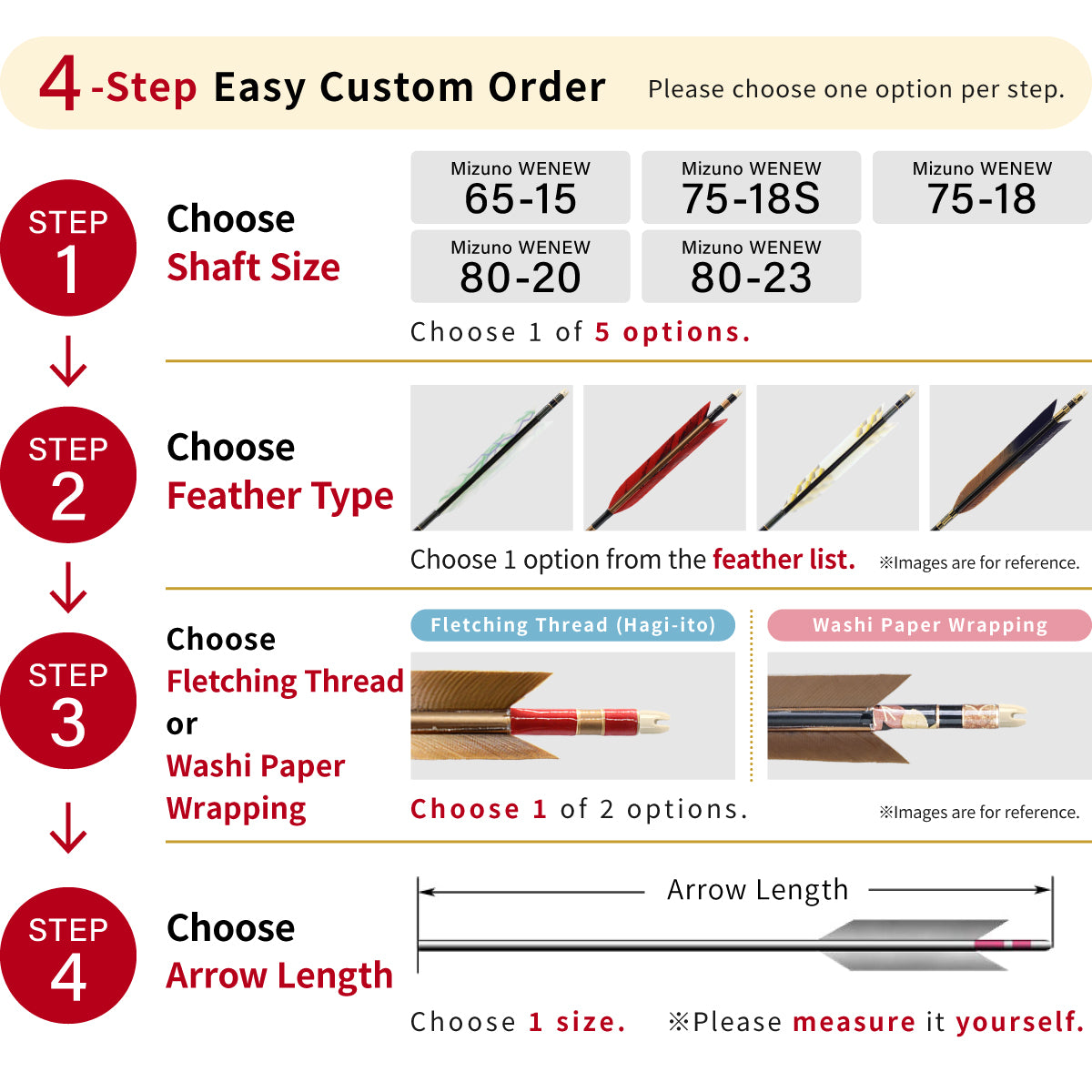 【O-267】Custom-made arrows：Mizuno WENEW Carbon / Colorful Dyed Turkey Feathers -16 Designs - Set of 6 / Options: 65-15 / 75-18S / 75-18 / 80-20 / 80-23, Washi Papre Wrapping, Fletching Thread (Hagi-ito) -  フルオーダー製作矢 Mizuno WENEW ターキー 染色羽根(16種) ６本組